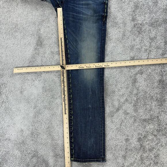 Rock Revival Jeans Mens 32x33 Blue Kirk Side Alt Straight Distressed Stitch - Picture 11 of 15